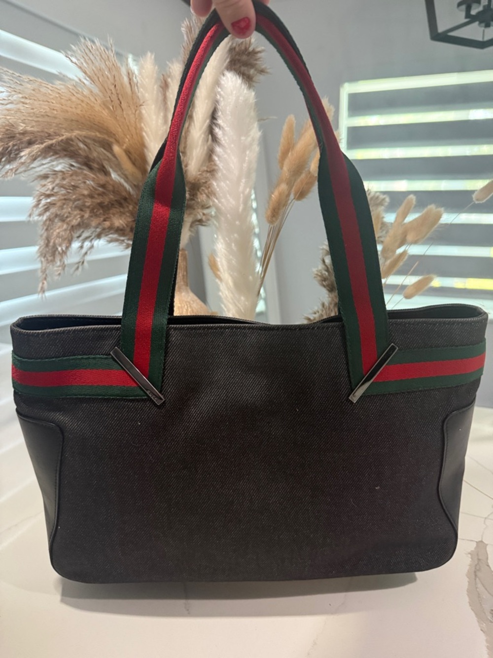 Gucci Vintage Sherry Line Gray Tote with Green & Red Web Straps RARE Canvas EUC - Picture 11 of 12